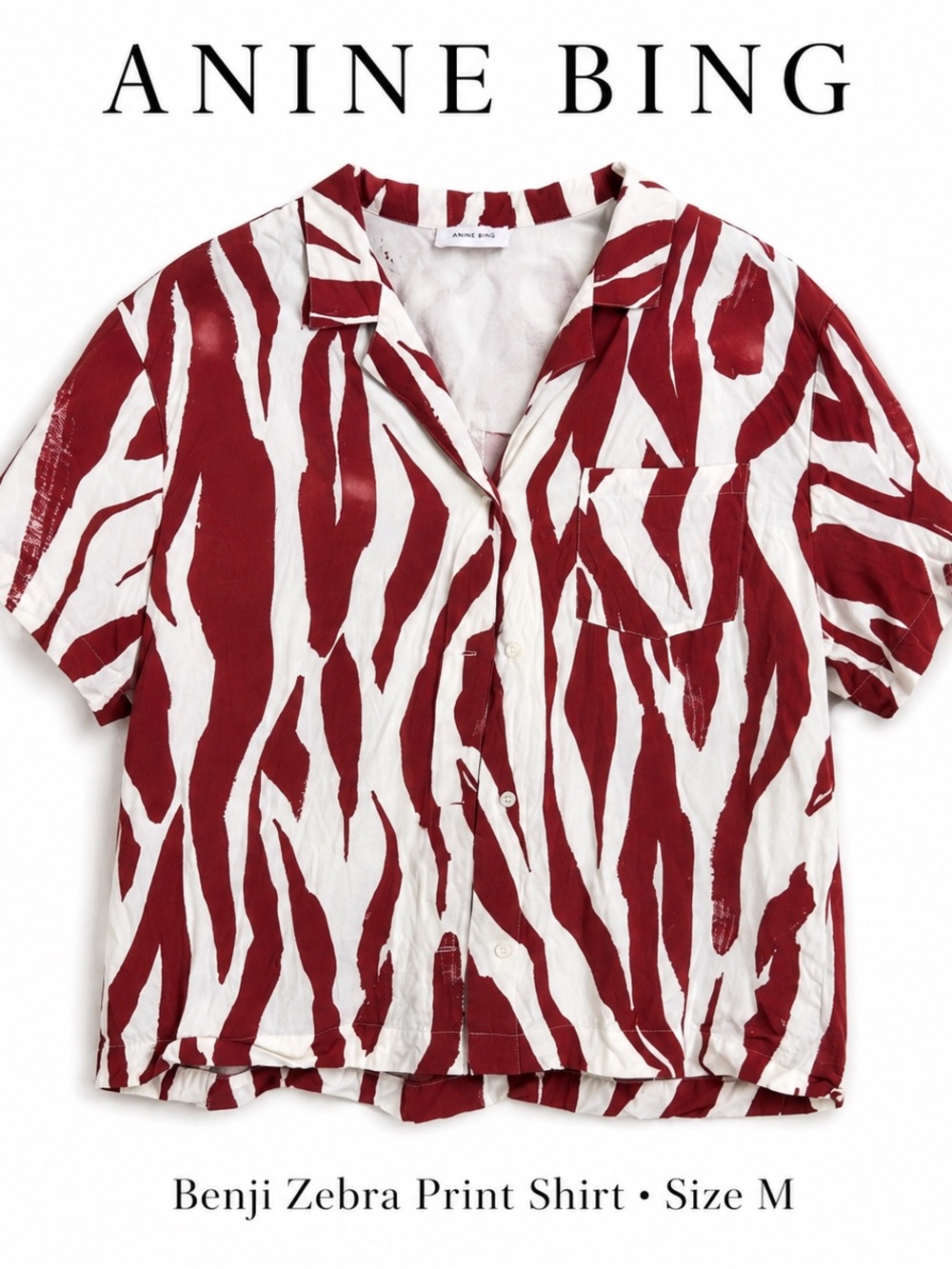 ANINE BING Benji Zebra Print Button Down Shirt Red White M